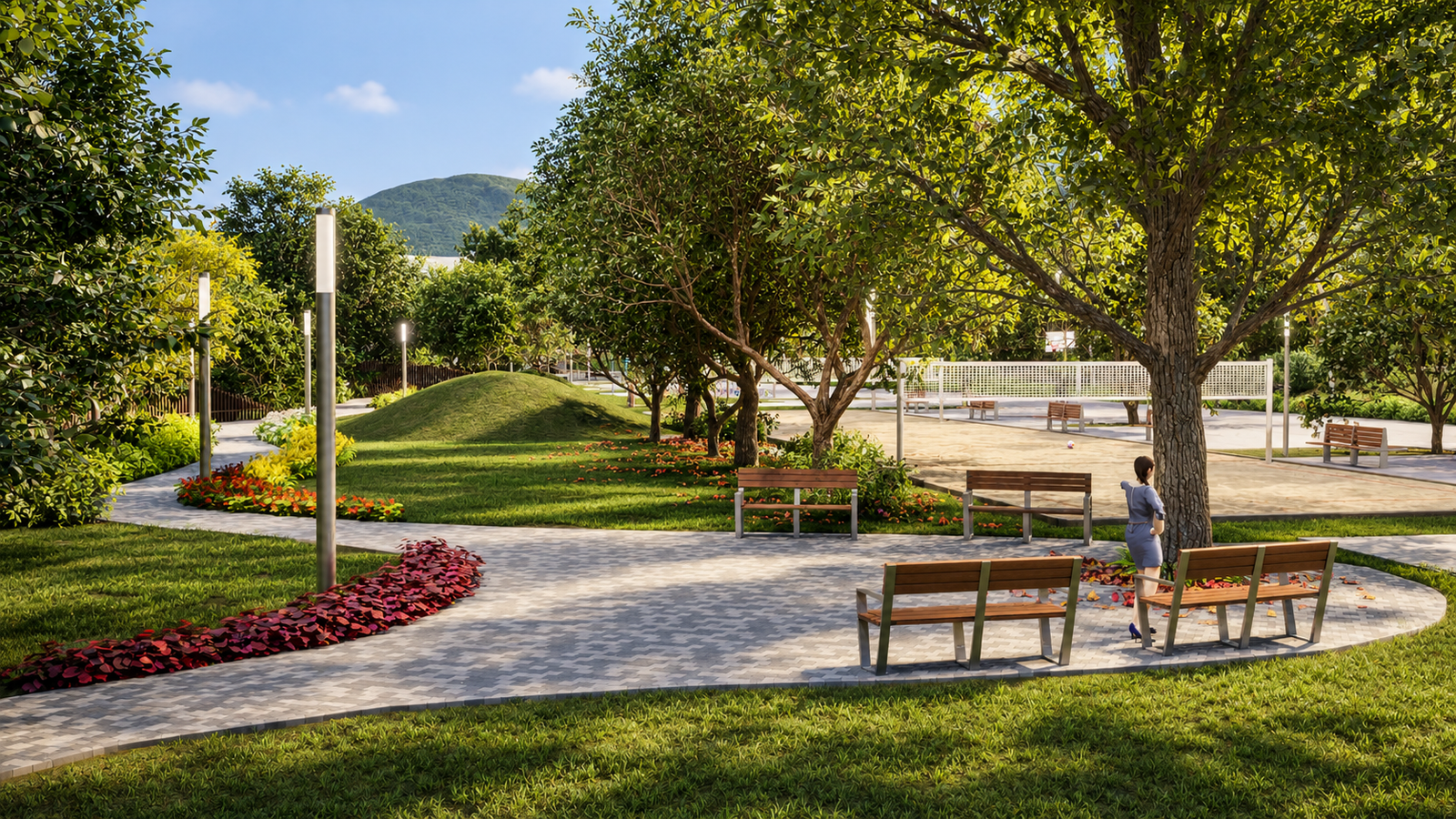 Área de estar sombreada do parque do Master Plan Hering, em Blumenau (SC)