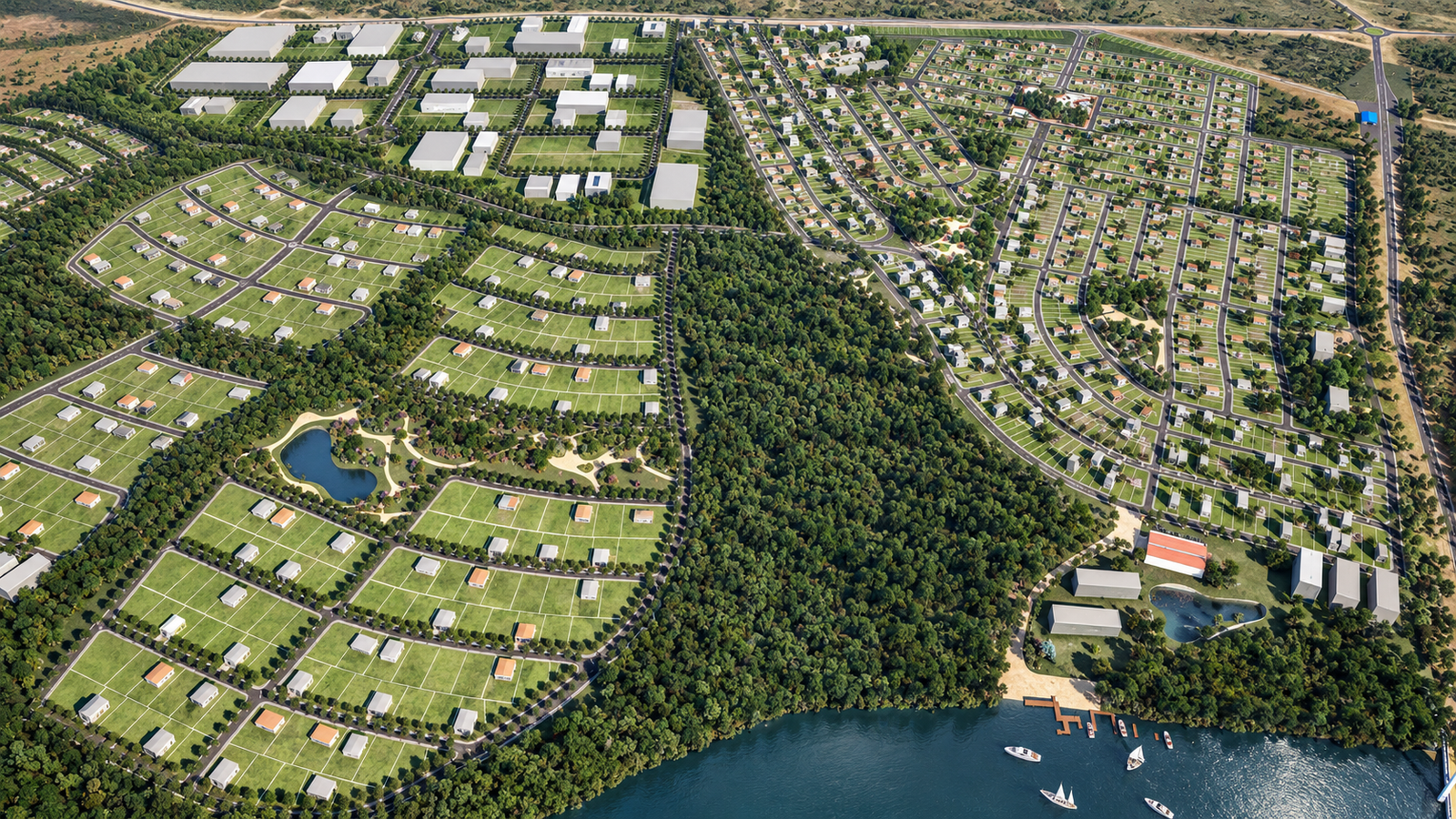 Quadras residenciais em leque, parque com lago e a marina no rio Araguaia, no Masterplan Madras em Pontal do Araguaia (MT)