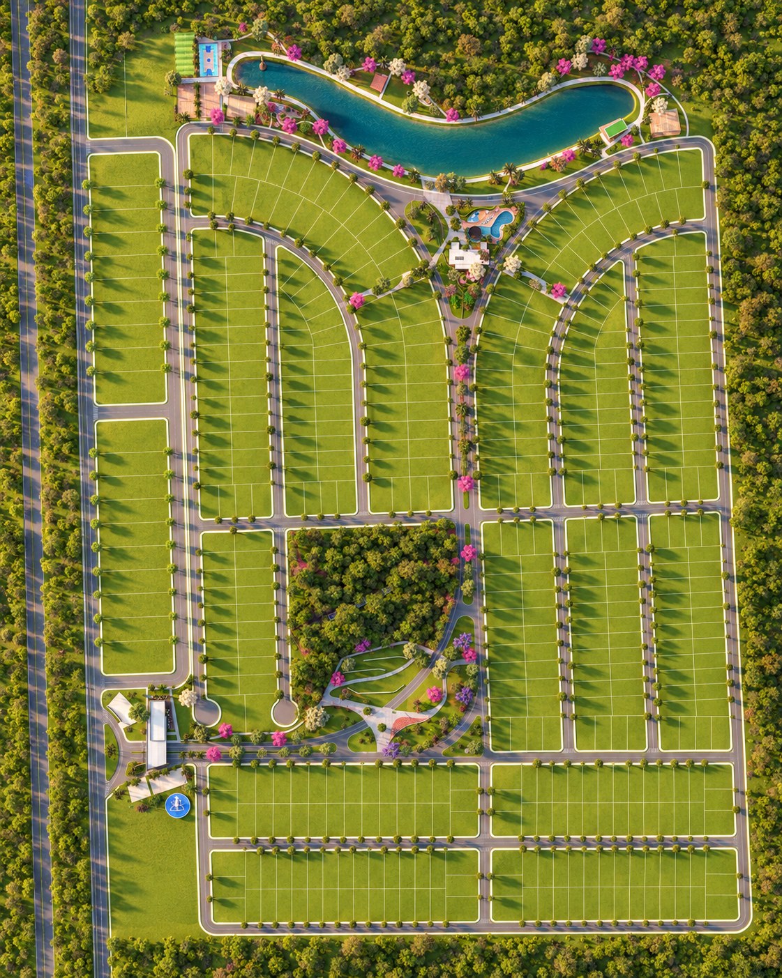 Implantação geral do Condomínio Riviera do Lago, com as quadras de lotes, o lago e o clube, em Porangatu (GO)