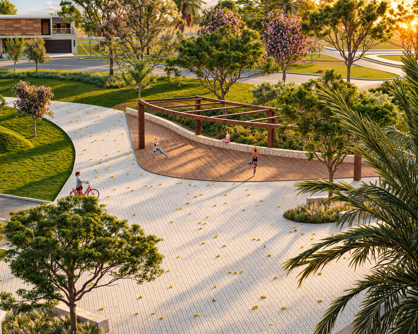 Deck de yoga com pergolado e praça de convivência do Condomínio Riviera do Lago, em Porangatu (GO)